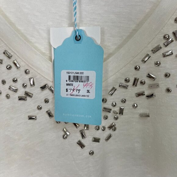 Blue illusion Womens V-Neck Embellished Linen T-Shirt Size 3L White Short Sleeve - Picture 4 of 9